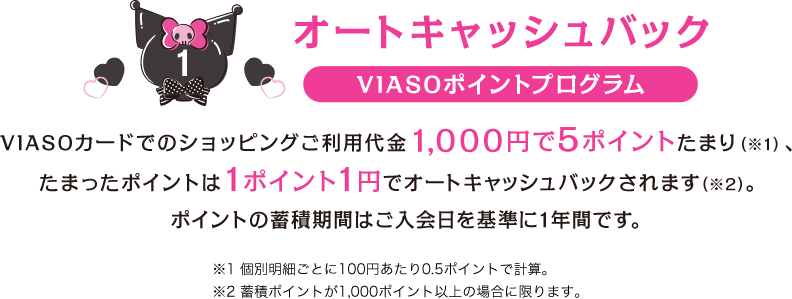 1 オートキャッシュバック VIASOポイントプログラム VIASOカードでのショッピングご利用代金1,000円で5ポイントたまり（※1）、たまったポイントは1ポイント1円でオートキャッシュバックされます（※2）。ポイントの蓄積期間はご入会日を基準に1年間です。 ※1 個別明細ごとに100円あたり0.5ポイントで計算。 ※2 蓄積ポイントが1,000ポイント以上の場合に限ります。