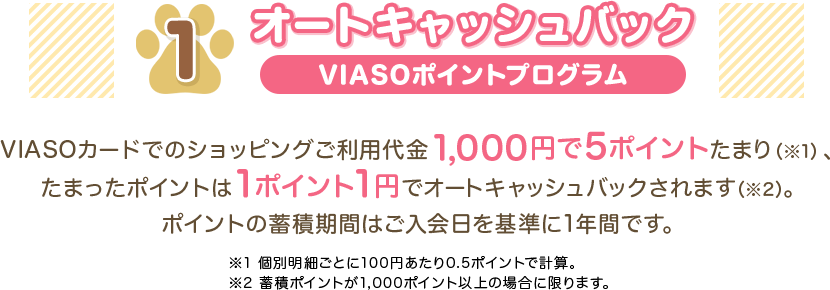 1 オートキャッシュバック VIASOポイントプログラム VIASOカードでのショッピングご利用代金1,000円で5ポイントたまり（※1）、たまったポイントは1ポイント1円でオートキャッシュバックされます（※2）。ポイントの蓄積期間はご入会日を基準に1年間です。 ※1 個別明細ごとに100円あたり0.5ポイントで計算。 ※2 蓄積ポイントが1,000ポイント以上の場合に限ります。