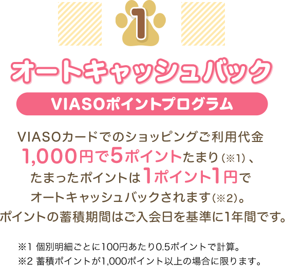 1 オートキャッシュバック VIASOポイントプログラム VIASOカードでのショッピングご利用代金1,000円で5ポイントたまり（※1）、たまったポイントは1ポイント1円でオートキャッシュバックされます（※2）。ポイントの蓄積期間はご入会日を基準に1年間です。 ※1 個別明細ごとに100円あたり0.5ポイントで計算。 ※2 蓄積ポイントが1,000ポイント以上の場合に限ります。