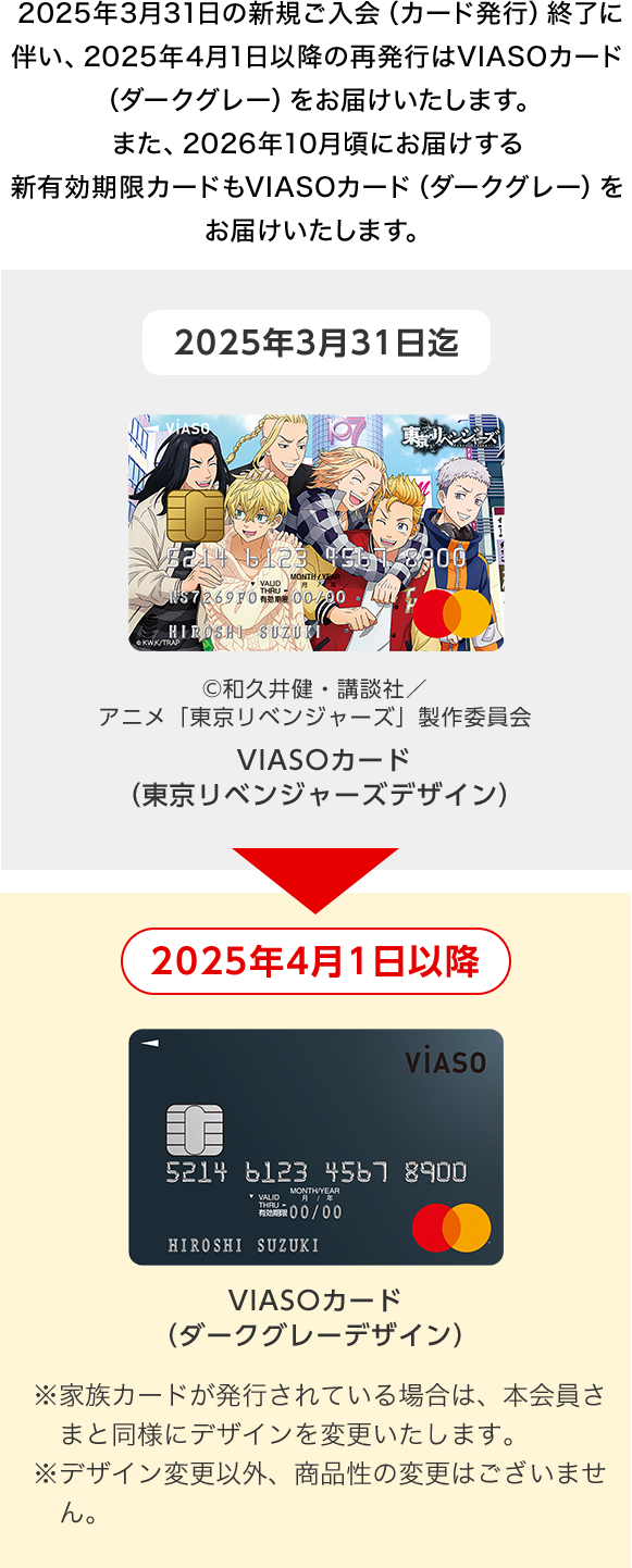 2025年3月31日の新規ご入会（カード発行）終了に伴い、2025年4月1日以降の再発行はVIASOカード（ダークグレー）をお届けいたします。また、2026年10月頃にお届けする新有効期限カードもVIASOカード（ダークグレー）をお届けいたします。 2025年3月31日迄 VIASOカード（東京リベンジャーズデザイン） 券面 ©和久井健・講談社／ アニメ「東京リベンジャーズ」製作委員会 2025年4月1日以降 VIASOカード （ダークグレーデザイン）券面 ※家族カードが発行されている場合は、本会員さまと同様にデザインを変更いたします。 ※デザイン変更以外、商品性の変更はございません。