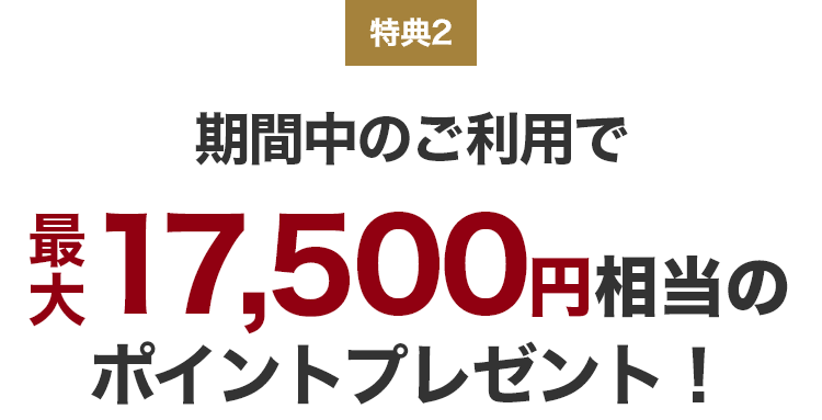 特典2 期間中のご利用で最大17,500円相当のポイントプレゼント！