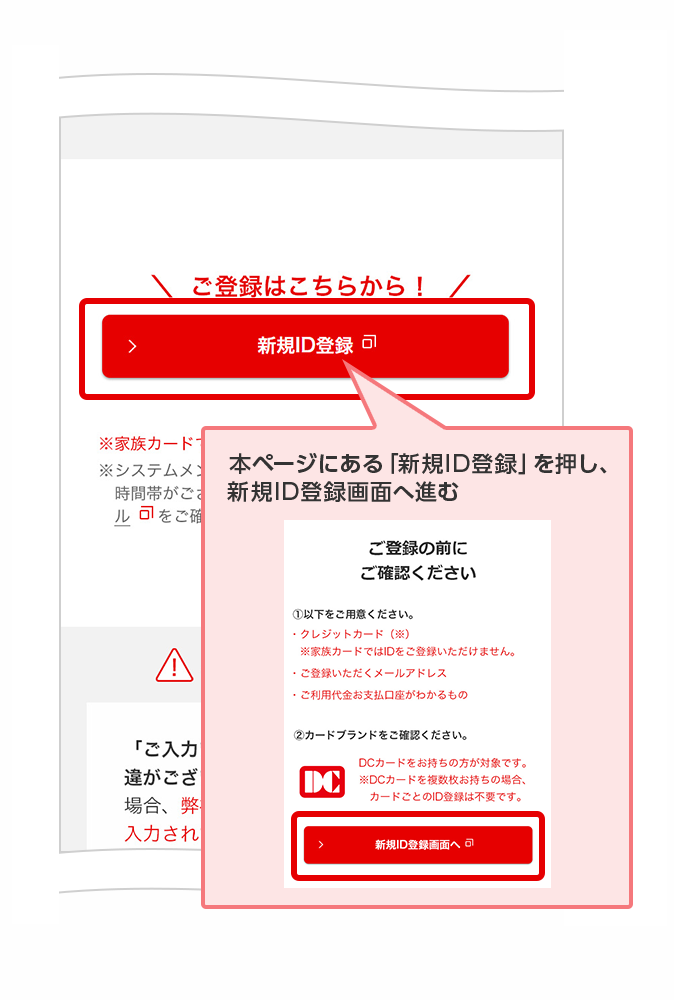 本ページにある「新規ID登録」を押し、新規ID登録画面へ進む