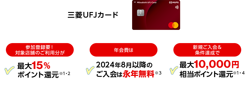 三菱ＵＦＪカード 参加登録要！対象店舗のご利用分が最大15％ポイント還元※1・2 年会費は2024年8月以降のご入会は永年無料※3 新規ご入会&条件達成で最大10,000円相当ポイント還元※1・4