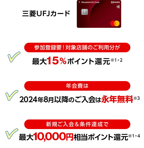 三菱ＵＦＪカード 参加登録要！対象店舗のご利用分が最大15％ポイント還元※1・2 年会費は2024年8月以降のご入会は永年無料※3 新規ご入会&条件達成で最大10,000円相当ポイント還元※1・4