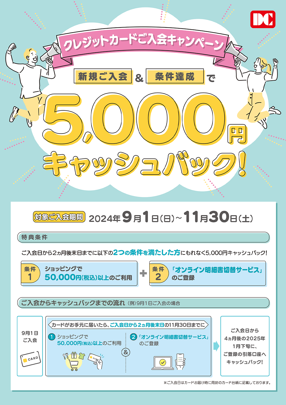 DC クレジットカードご入会キャンペーン 新規ご入会&条件達成で5,000円キャッシュバック！ 対象ご入会期間 2024年9月1日（日）～11月30日（土） 特典条件 ご入会日から2ヵ月後末日までに以下の2つの条件を満たした方にもれなく5,000円キャッシュバック！ 条件1 ショッピングで50,000円（税込）以上のご利用 ＋ 条件2 「オンライン明細書切替サービス」のご登録 ご入会からキャッシュバックまでの流れ（例）9月1日ご入会の場合 9月1日ご入会 カードがお手元に届いたら、ご入会日から2ヵ月後末日の11月30日までに①ショッピングで50,000円（税込）以上のご利用&②「オンライン明細書切替サービス」のご登録 → ご入会日から4ヵ月後の2025年1月下旬に、ご登録の引落口座へキャッシュバック！※ご入会日はカードお届け時に同封のカード台紙に記載しております。