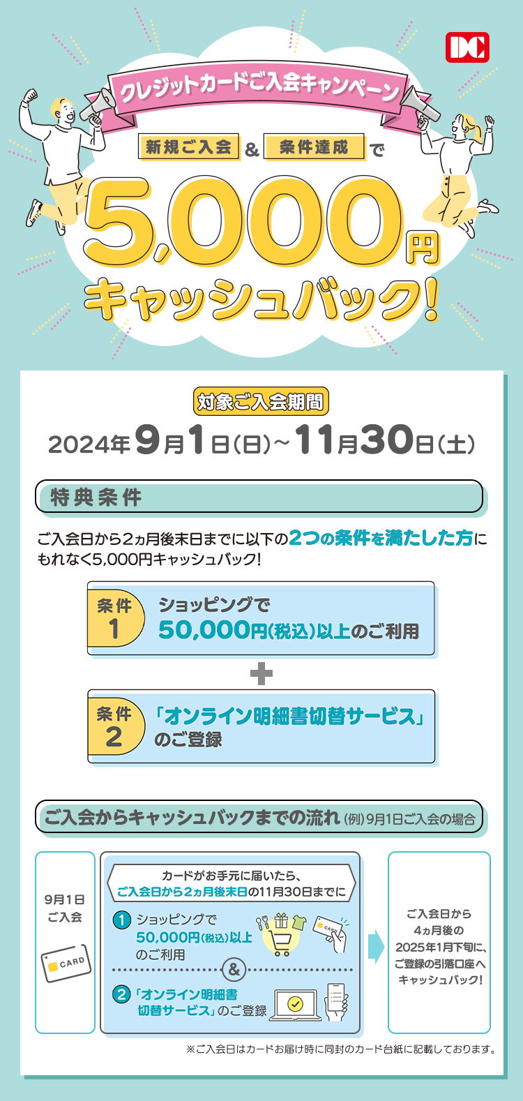 DC クレジットカードご入会キャンペーン 新規ご入会&条件達成で5,000円キャッシュバック！ 対象ご入会期間 2024年9月1日（日）～11月30日（土） 特典条件 ご入会日から2ヵ月後末日までに以下の2つの条件を満たした方にもれなく5,000円キャッシュバック！ 条件1 ショッピングで50,000円（税込）以上のご利用 ＋ 条件2 「オンライン明細書切替サービス」のご登録 ご入会からキャッシュバックまでの流れ（例）9月1日ご入会の場合 9月1日ご入会 カードがお手元に届いたら、ご入会日から2ヵ月後末日の11月30日までに①ショッピングで50,000円（税込）以上のご利用&②「オンライン明細書切替サービス」のご登録 → ご入会日から4ヵ月後の2025年1月下旬に、ご登録の引落口座へキャッシュバック！※ご入会日はカードお届け時に同封のカード台紙に記載しております。