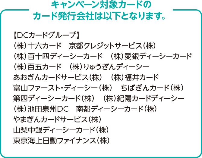 キャンペーン対象カードのカード発行会社は以下となります。 【DCカードグループ】 （株）十六カード　京都クレジットサービス（株）　（株）百十四ディーシーカード　（株）愛銀ディーシーカード　（株）百五カード　（株）りゅうぎんディーシー　あおぎんカードサービス（株）　（株）福井カード　富山ファースト・ディーシー（株）　ちばぎんカード（株）　第四ディーシーカード（株）　（株）紀陽カードディーシー　（株）池田泉州DC　南都ディーシーカード（株）　やまぎんカードサービス（株）　山梨中銀ディーシーカード（株）　東京海上日動ファイナンス（株）