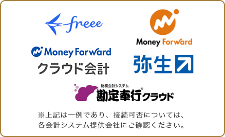 free ロゴ Money Forward ロゴ Money Forward クラウド会計 ロゴ 弥生 ロゴ 財務会計システム 勘定奉行®クラウド ロゴ ※上記は一例であり、接続可否については、各会計システム提供会社にご確認ください。