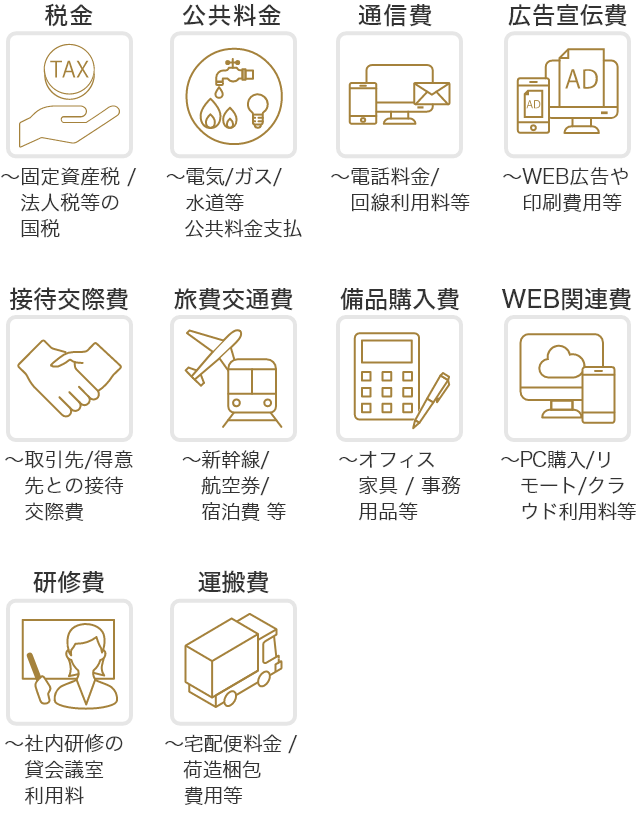 税金 ～固定資産税/法人税等の国税 公共料金 ～電気/ガス/水道等公共料金支払 通信費 ～電話料金/回線利用料等 広告宣伝費 ～WEB広告や印刷費用等 接待交際費 ～取引先/得意先との接待交際費 旅費交通費 ～新幹線/航空券/宿泊費 等 備品購入費 ～オフィス家具/事務用品等 WEB関連費 ～PC購入/リモート/クラウド利用料等 研修費 ～社内研修の貸会議室利用料 運搬費 ～宅配便料金/荷造梱包費用等