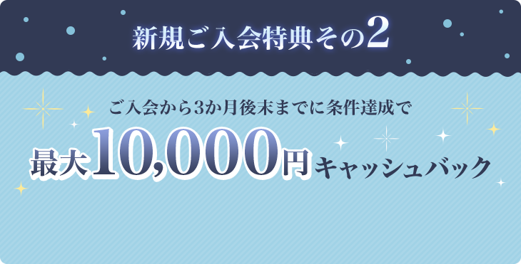 新規ご入会特典その2 ご入会から3か月後末までに条件達成で最大10,000円キャッシュバック