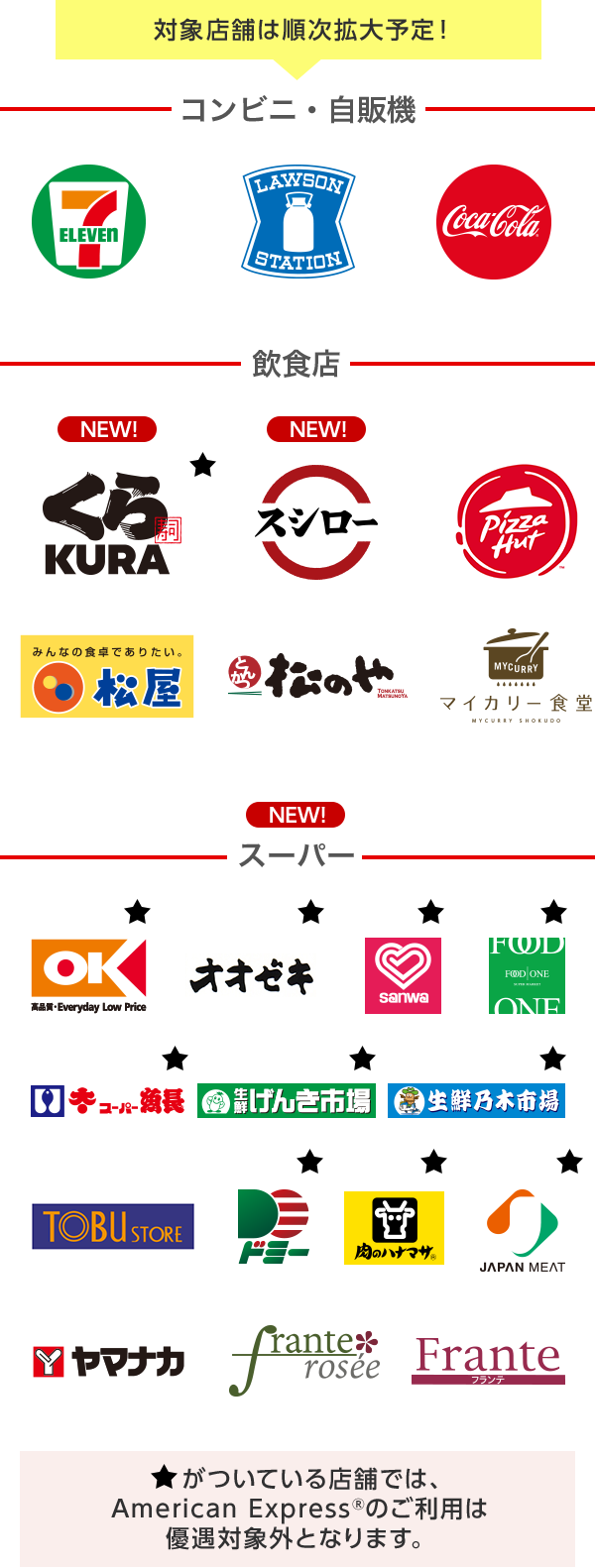 対象店舗は順次拡大予定！コンビニ・自販機 セブン‐イレブンロゴ ローソンロゴ コカ･コーラロゴ 飲食店 NEW! ★くら寿司ロゴ NEW! スシローロゴ ピザハットロゴ 松屋ロゴ 松のやロゴ マイカリー食堂ロゴ NEW! ★スーパー ★オーケーロゴ ★オオゼキロゴ ★スーパー三和ロゴ ★フードワンロゴ ★スーパー魚長ロゴ ★生鮮げんき市場ロゴ 生鮮乃木市場ロゴ 東武ストアロゴ ★ドミーロゴ ★肉のハナマサ ★ジャパンミートロゴ ヤマナカロゴ ヤマナカ フランテ ロゼロゴ  ヤマナカ フランテロゴ  ★がついている店舗では、American Express®のご利用は優遇対象外となります。