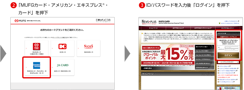 2「MUFGカード・アメリカン・エキスプレス®・カード」を押下 3ID/パスワードを入力後「ログイン」を押下