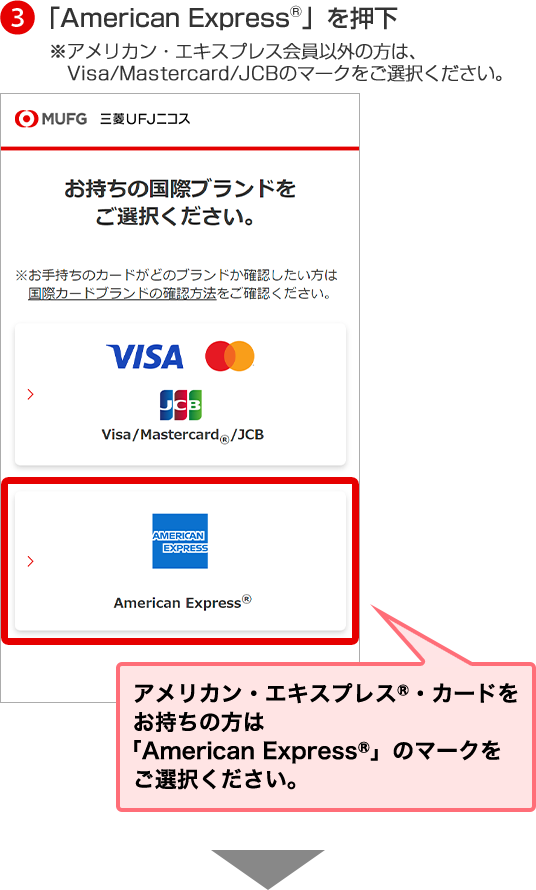 3「American Express®」を押下 ※アメリカン・エキスプレス会員以外の方は、Visa/Mastercard/JCBのマークをご選択ください。 アメリカン・エキスプレス®・カードをお持ちの方は「American Express®」のマークをご選択ください。