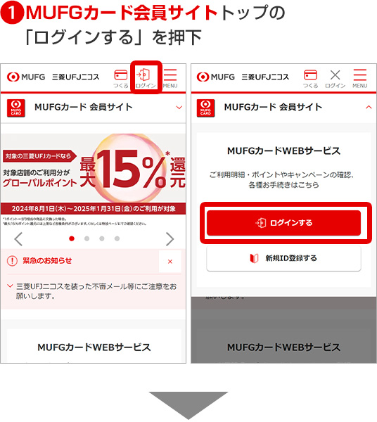 1MUFGカード会員サイトトップの「ログインする」を押下