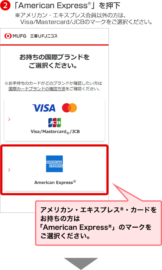 2「American Express®」を押下 ※アメリカン・エキスプレス会員以外の方は、Visa/Mastercard/JCBのマークをご選択ください。 アメリカン・エキスプレス®・カードをお持ちの方は「American Express®」のマークをご選択ください。