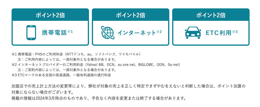 ETC、対象の携帯電話やインターネットのご利用でポイント2倍に！