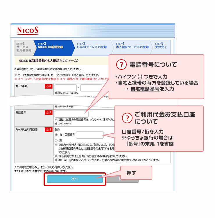 ？ 電話番号について ・ハイフン（-）つきで入力 ・自宅と携帯の両方を登録している場合 → 自宅電話番号を入力 ？ ご利用代金お支払口座について 口座番号7桁を入力 ※ゆうちょ銀行の場合は「番号」の末尾 1を省略 押す