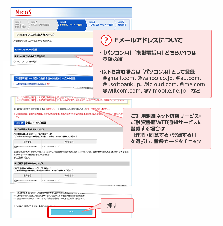 ？ Eメールアドレスについて ・「パソコン用」「携帯電話用」どちらか1つは登録必須 ・以下を含む場合は「パソコン用」として登録 @gmail.com、@yahoo.co.jp、@au.com、　@i.softbank.jp、@icloud.com、@me.com　@willcom.com、@y-mobile.ne.jp　など ご利用明細ネット切替サービス・ご融資書面WEB通知サービスに登録する場合は「理解・同意する（登録する）」を選択し、登録カードをチェック 押す