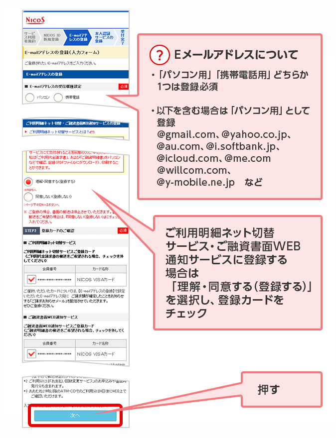 ？ Eメールアドレスについて ・「パソコン用」「携帯電話用」どちらか1つは登録必須 ・以下を含む場合は「パソコン用」として登録 @gmail.com、@yahoo.co.jp、@au.com、　@i.softbank.jp、@icloud.com、@me.com　@willcom.com、@y-mobile.ne.jp　など ご利用明細ネット切替サービス・ご融資書面WEB通知サービスに登録する場合は「理解・同意する（登録する）」を選択し、登録カードをチェック 押す